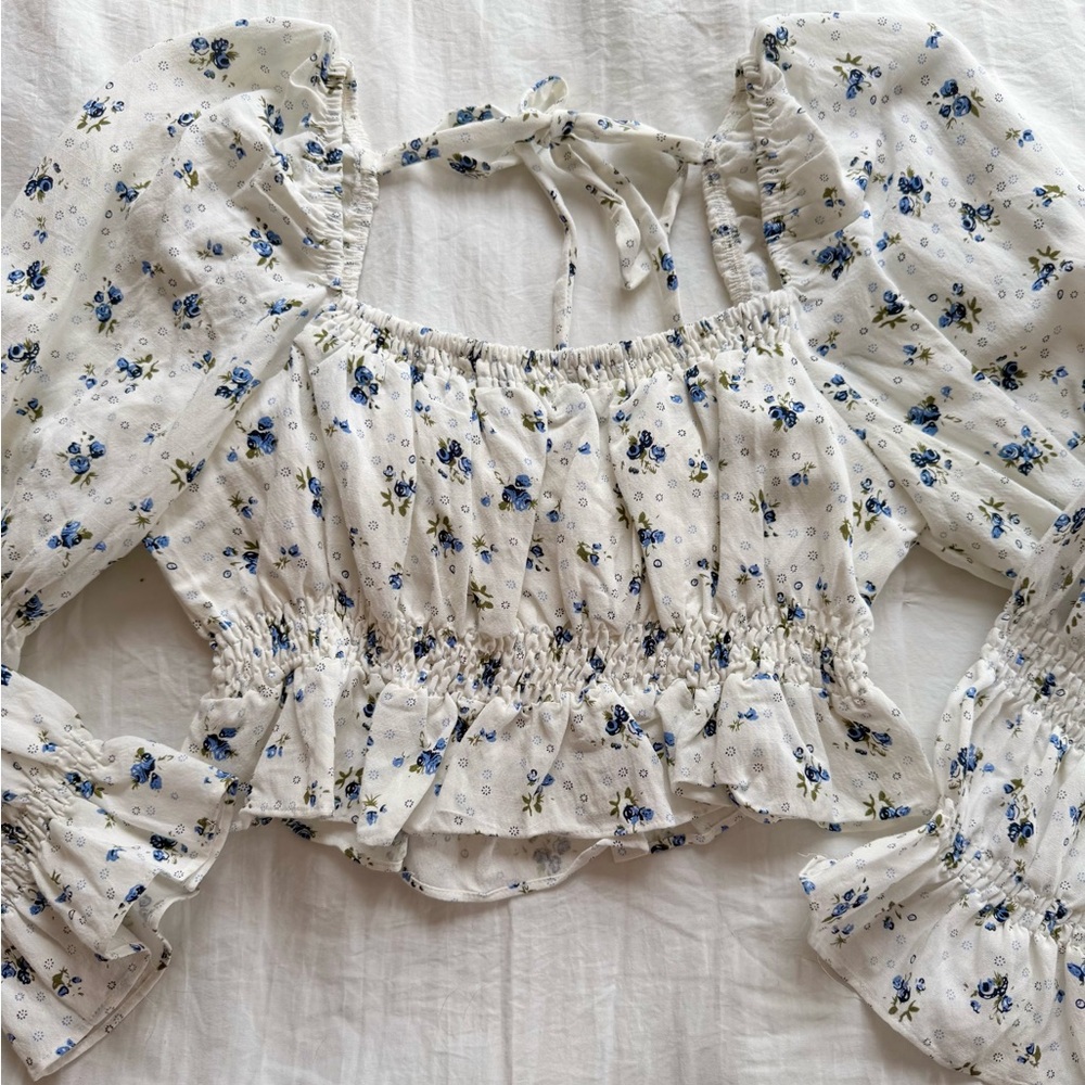 White and Blue Floral Long Sleeve Top